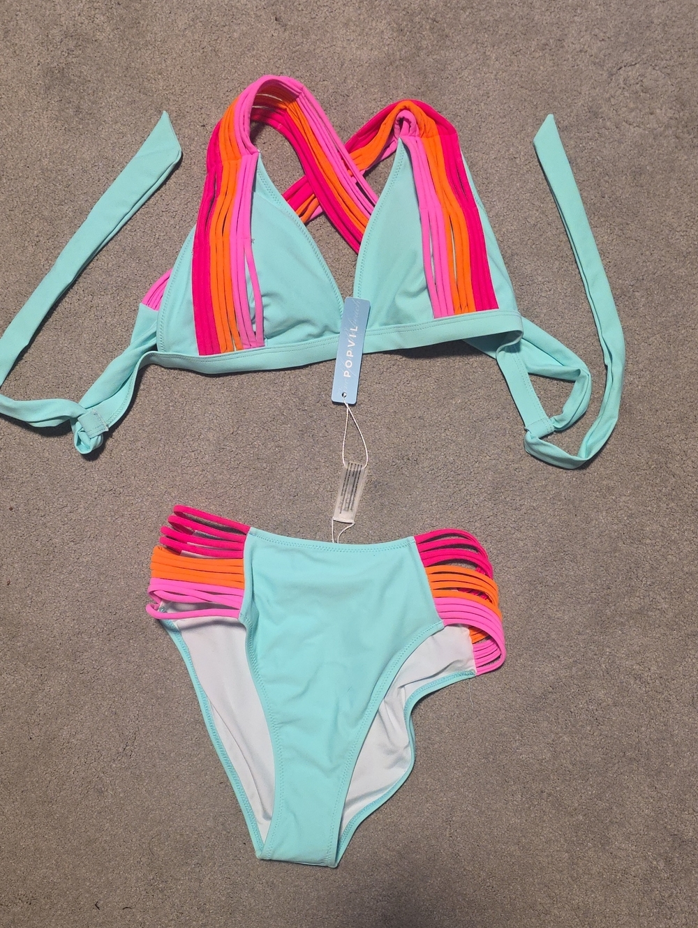 POPVIL  Aqua Bikini Set with Pink & Orange Strap Accents. Brand New With TAGS